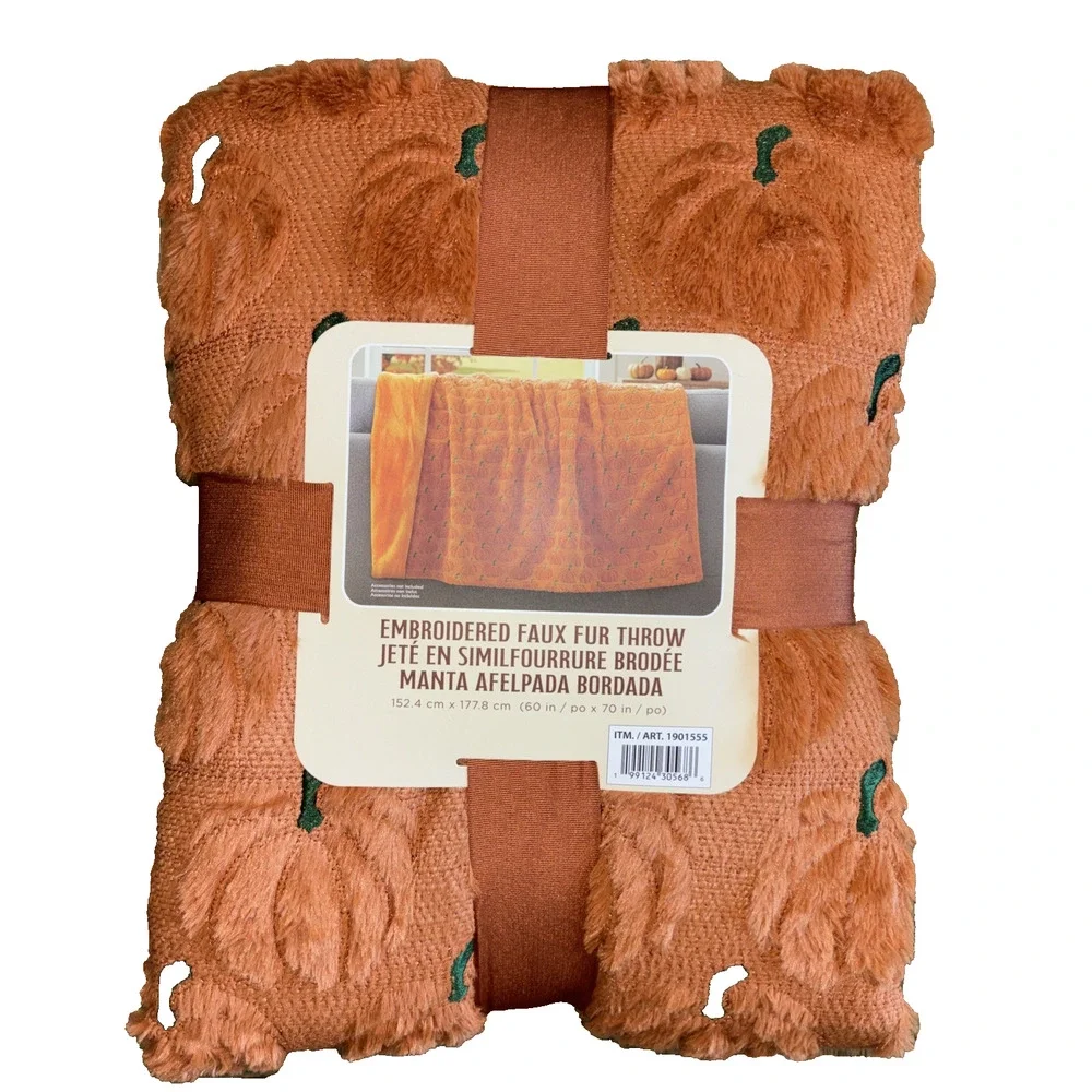 Costco Viral Halloween Pumpkin Embroidered Faux Fur Throw Blanket 60x70 NEW